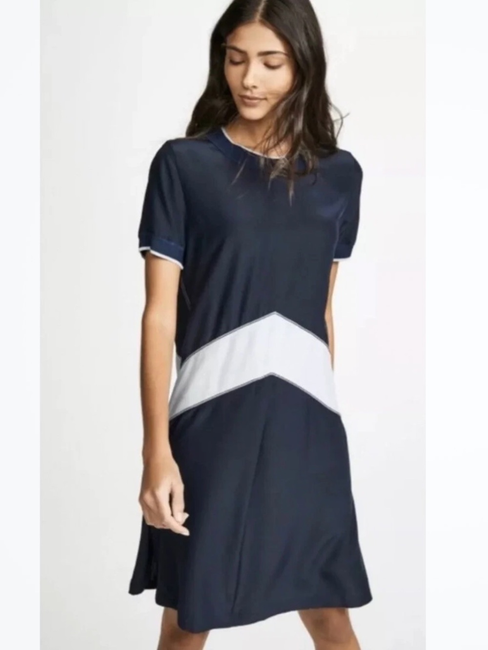 rag & bone Hannah Chevron 100% Silk Navy & White Blue Short Sleeve Shift Dress